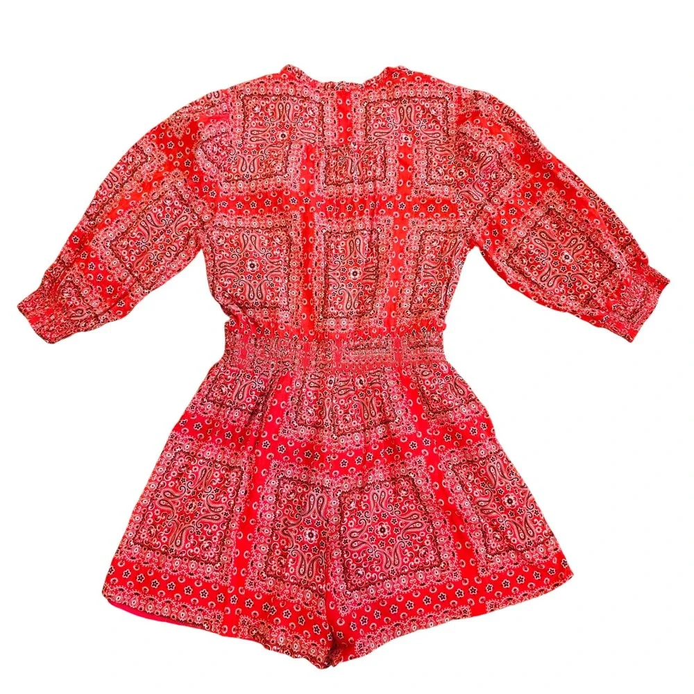 DuParadis Anthropologie Red Bandana Paisley Cotton Romper Smocked Waist Large